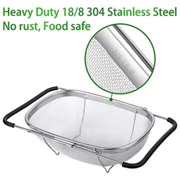 6-Quart Large Over The Sink Colander, 18/8 Stainless Steel Fine Mesh Strainer Basket with Expandable Rubber Grip Handles - Strain, Drain, Rinse Fruits, Vegetables