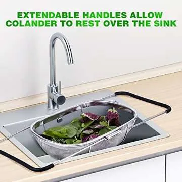 6-Quart Large Over The Sink Colander, 18/8 Stainless Steel Fine Mesh Strainer Basket with Expandable Rubber Grip Handles - Strain, Drain, Rinse Fruits, Vegetables
