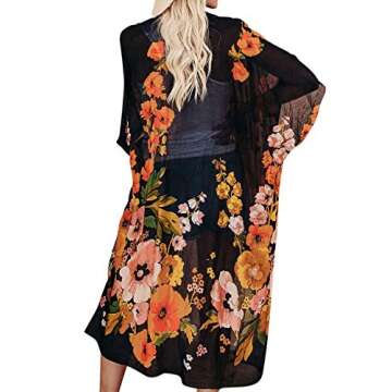 Jayscreate Women's Chiffon Kimono Cardigans Lightweight Batwing Summer Casual Long Boho Sheer Cute C...