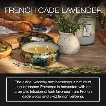 Voluspa French Cade Lavender, 3 Wick Tin Candle, 12 oz, 40 Hour Burn Time, Coconut Wax for Clean Burning, Handcrafted in the USA