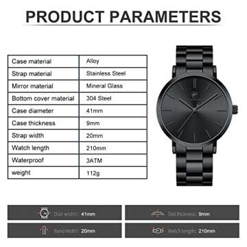 GOLDEN HOUR Men's Watches Slim Minimalist Runway Black Stainless Steel Quartz Analog Watch with Grey Hands