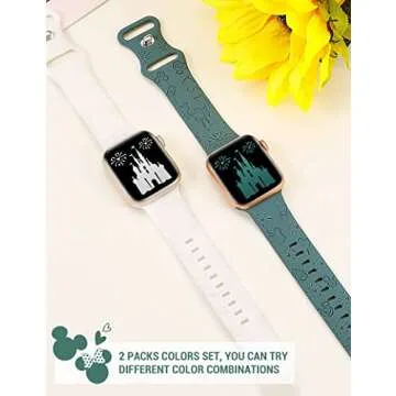 Girovo 2 Packs Cartoon Engraved Bands Compatible with Apple Watch Bands 49mm 46mm 45mm 44mm 42mm Women, Cute Designer Soft Silicone Strap for iWatch 10/9/8/7/6/5/4/3/2/1/SE/Ultra/Ultra2, White & Green
