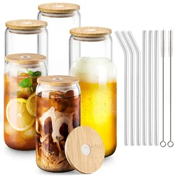 Combler 16 oz Drinking Glasses with Bamboo Lids and Straws Set - Perfect Coffee Bar Accessory