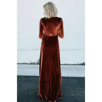 Loyeloy Women's Black V Neck Wrap Long Sleeves Bridesmaid Dresses for Women Self Tie Simple Aline Maxi Velvet Dress Formal Party Dress with Pockets 20 Plus Size