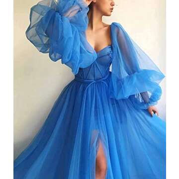 Dusty Blue Ball Gown for Women Puffy Sleeve Prom Dress Sweetheart Tulle Wedding Dress A-Line Formal ...