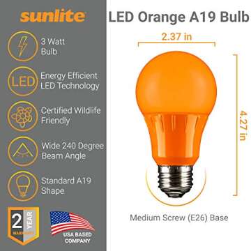 Sunlite A19/3W/O/LED LED A19 Colored Light Bulb, 3 Watts (25w Equivalent), E26 Medium Base, Non-Dimmable, UL Listed, 1 Count (Pack of 1), Orange