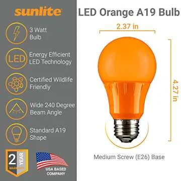 Sunlite A19/3W/O/LED LED A19 Colored Light Bulb, 3 Watts (25w Equivalent), E26 Medium Base, Non-Dimmable, UL Listed, 1 Count (Pack of 1), Orange