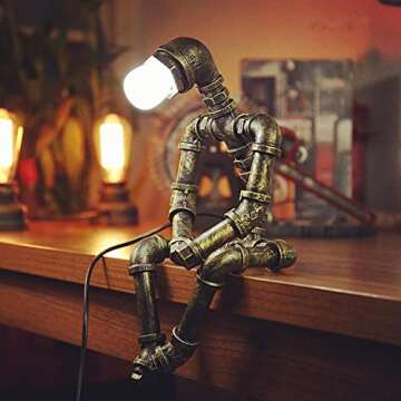 PUPERY Steampunk Table Lamp,Retro Industrial Bronze Pipe Robot Desk Lamp with 2 Edison Bulbs Lamp Cr...