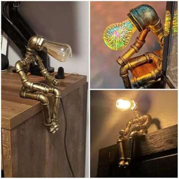 PUPERY Steampunk Table Lamp,Retro Industrial Bronze Pipe Robot Desk Lamp with 2 Edison Bulbs Lamp Creative Gift