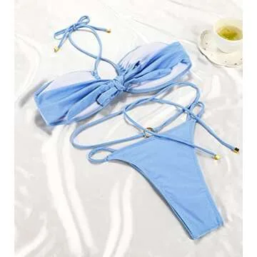 Women Cheeky Bikini Set Halter Thong Solid Color Adjustable Cinched String Two Piece Brazilian Swimsuit Triangle Bathing (Small, Blue)