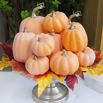 Winlyn 10 Pcs Assorted Artificial Orange Pumpkins Decorative Pumpkins Faux Light Orange Pumpkins Foam Pumpkins for Fall Harvest Autumn Wedding Thanksgiving Halloween Table Centerpiece Mantel Décor