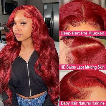 MUPRETTY 30Inch Lace Front Wigs Human Hair 180% Density Red Body Wave Human Hair Wig 99J Burgundy La...