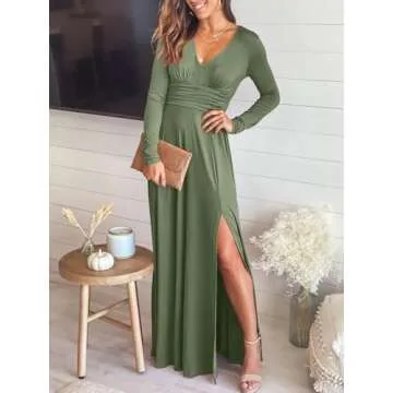 ANRABESS Women Deep V Neck Long Sleeve Slit 2024 Fall Elegant Formal Wedding Guest Cocktail Evening Date Prom Maxi Long Dress Green Large