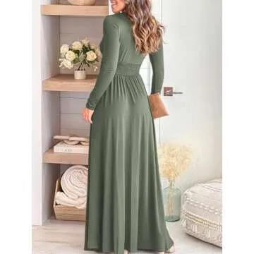 ANRABESS Women Deep V Neck Long Sleeve Slit 2024 Fall Elegant Formal Wedding Guest Cocktail Evening Date Prom Maxi Long Dress Green Large