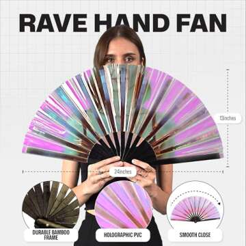 SoJourner Bags Holographic Rave Fan - Festival Fan - Large Folding Fan for Festivals, Halloween, Bur...