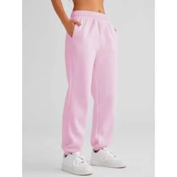 AUTOMET Women’s Winter Casual Baggy Fleece Lined Sweatpants Fashion High Waisted Joggers Pants Athletic Clothes with Pockets Pink S