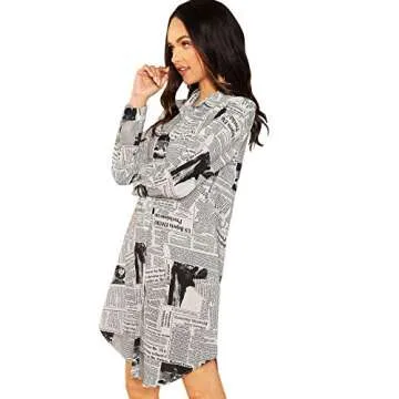WDIRARA Women's Newspaper Print Long Sleeve Button Down Casual Shirt Short Dress Black and White XS