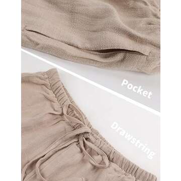 Hooever Women's Wide Leg Cotton Linen Pants High Waist Adjustable Tie Knot Lounge Trousers(Khaki-S)