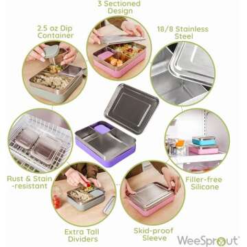 WeeSprout 18/8 Stainless Steel Bento Box (Large) - 3 Compartment Metal Lunch Box, Skid-proof Silicon...