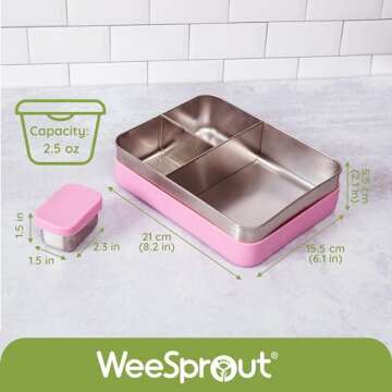 WeeSprout 18/8 Stainless Steel Bento Box (Large) - 3 Compartment Metal Lunch Box, Skid-proof Silicone, for Kids & Adults, Bonus Dip Container, Fits in Lunch & Work Bags, Dishwasher & Freezer Friendly