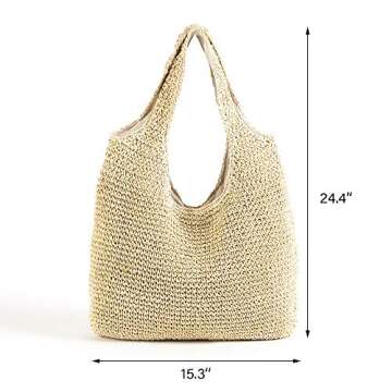 QTKJ Hand-woven Soft Large Straw Shoulder Bag Boho Straw Handle Tote Retro Summer Beach Bag Rattan H...