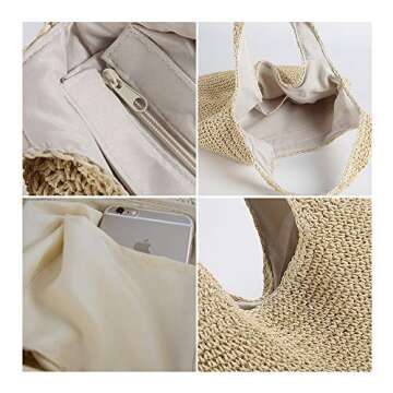 QTKJ Hand-woven Soft Large Straw Shoulder Bag Boho Straw Handle Tote Retro Summer Beach Bag Rattan Handbag (Beige)