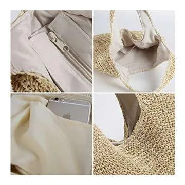 QTKJ Hand-woven Soft Large Straw Shoulder Bag Boho Straw Handle Tote Retro Summer Beach Bag Rattan Handbag (Beige)