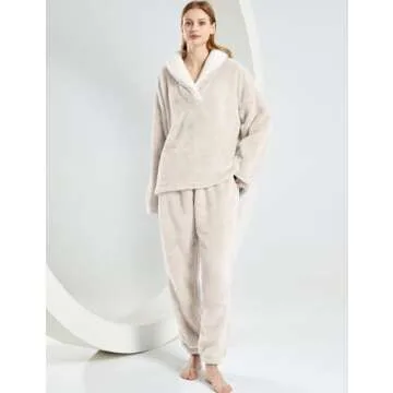 VDWIP Pajama Sets for Women 2 Piece Fleece Fuzzy Fluffy Pajamas Pullover Pants Loose Plush Sleepwear Fuzzy Loungewear Set(Beige-S)