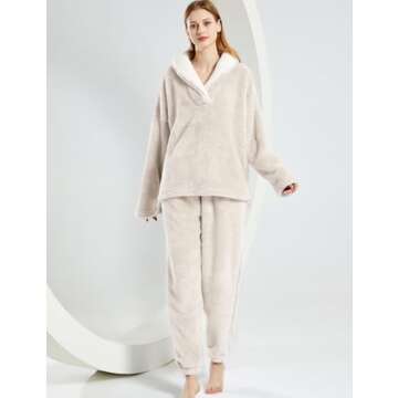 VDWIP Pajama Sets for Women 2 Piece Fleece Fuzzy Fluffy Pajamas Pullover Pants Loose Plush Sleepwear Fuzzy Loungewear Set(Beige-S)