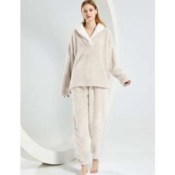VDWIP Pajama Sets for Women 2 Piece Fleece Fuzzy Fluffy Pajamas Pullover Pants Loose Plush Sleepwear Fuzzy Loungewear Set(Beige-S)