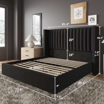 Jocisland King Size Bed Frame Upholstered Platform Bed with Tall Headboard Wingback, Velvet Vertical...