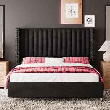 Jocisland King Size Bed Frame Upholstered Platform Bed with Tall Headboard Wingback, Velvet Vertical Channel Tufted, No Box Spring Needed, Easy Assembly, Black