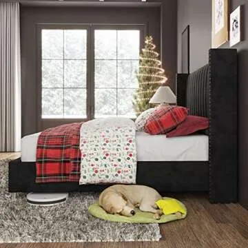 Jocisland King Size Bed Frame Upholstered Platform Bed with Tall Headboard Wingback, Velvet Vertical Channel Tufted, No Box Spring Needed, Easy Assembly, Black