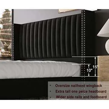 Jocisland King Size Bed Frame Upholstered Platform Bed with Tall Headboard Wingback, Velvet Vertical Channel Tufted, No Box Spring Needed, Easy Assembly, Black