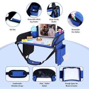 WENRENER Kids Travel Tray, Travel Tray For Kids Car Seat, Toddler Road Trip Essentials With Drawing Kit, Carseat Tray For Kids Travel, Travel Activities Road Trip Must Haves For Kids (Navy Blue)