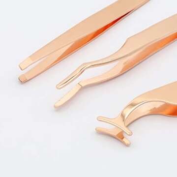 EMEDA 3pcs False Eyelash Applicator Tool Fake Lashes Tweezers Eyelashes Extension Tweezers Remover Clip Tweezers Nipper Eyelashes Tweezers for Strip Lashes Easy Lash Applicator Tools Kit （Rose Golden）