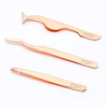 EMEDA 3pcs False Eyelash Applicator Tool Fake Lashes Tweezers Eyelashes Extension Tweezers Remover Clip Tweezers Nipper Eyelashes Tweezers for Strip Lashes Easy Lash Applicator Tools Kit （Rose Golden）
