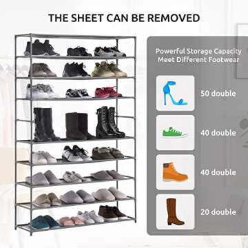 YOUDENOVA 10 Tiers Shoe Rack, 50 Pairs Large Shoe Rack Organizer, Space Saving Shoe Shelf, Non-Woven Fabric Shoe Storage Cabinet, Grey