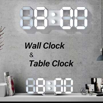 KWYDYP 3D LED Desk Digital Wall Alarm Clock 9.7 Inch Decorative Home Easy Operated Silent Snooze Temperature Auto Dimmer USB Non Battery Nightlight for Room/Office/Bedroom/Kitchen/School (Cool White)