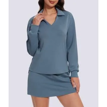Casly Lamiit Two Piece Outfits for Women Workout Skort Set Tennis Skirt V Neck Sweatshirt Spring Casual Lounge Sets Tracksuit with Pockets Grey Blue XL