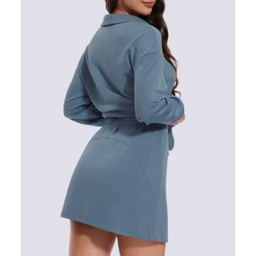 Casly Lamiit Two Piece Outfits for Women Workout Skort Set Tennis Skirt V Neck Sweatshirt Spring Casual Lounge Sets Tracksuit with Pockets Grey Blue XL