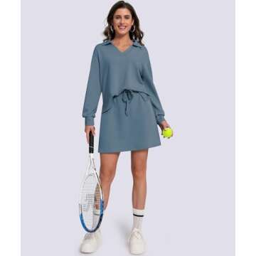Casly Lamiit Two Piece Outfits for Women Workout Skort Set Tennis Skirt V Neck Sweatshirt Spring Casual Lounge Sets Tracksuit with Pockets Grey Blue XL