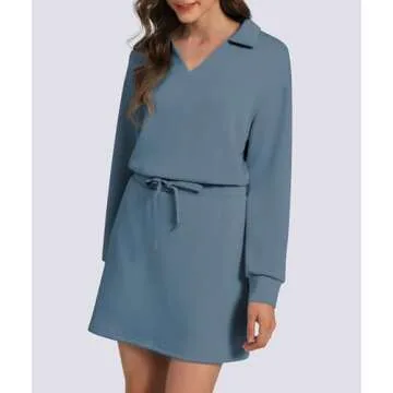 Casly Lamiit Two Piece Outfits for Women Workout Skort Set Tennis Skirt V Neck Sweatshirt Spring Casual Lounge Sets Tracksuit with Pockets Grey Blue XL