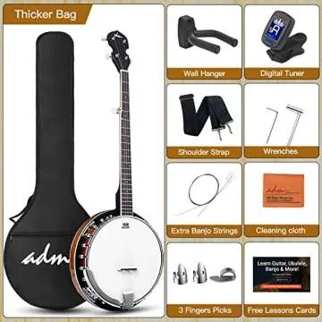 ADM Banjo 5 String Full Size Banjoes Set, 38 Inch Beginner Banjo Kit with Resonator, Remo Drum Head, Open or Closed Back, Gift Package Free Lessons Starter Accessories for Adults Teenager, Brown