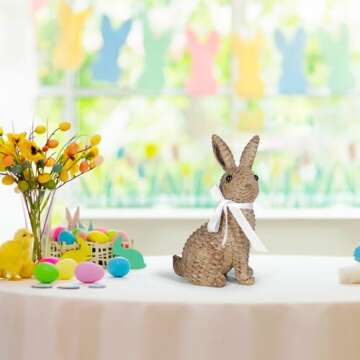 MicoSim Rattan Effect Resin Bunny Easter Decor,Table Rabbit Easter Decorations,Spring Bunnies Decoration Statue Figurine for Home Farmhouse (Brown, Sedentary)