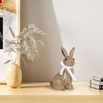 MicoSim Rattan Effect Resin Bunny Easter Decor,Table Rabbit Easter Decorations,Spring Bunnies Decoration Statue Figurine for Home Farmhouse (Brown, Sedentary)