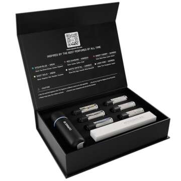 Capsule 33 Car Perfume Starter Pack, Car Air Freshener, Ultrasonic Aroma Diffuser, 6 Fragrances (White Crystal, Red Diamond, East Gold, Ocean Blue, Sweet Cherry, Light Pink) (Black)