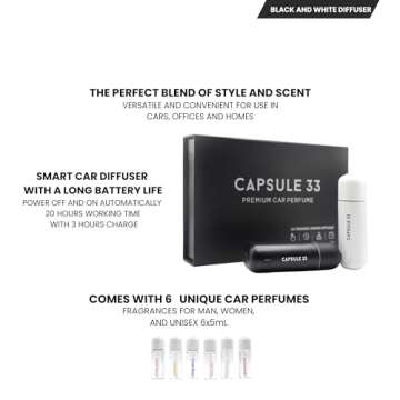 Capsule 33 Car Perfume Starter Pack, Car Air Freshener, Ultrasonic Aroma Diffuser, 6 Fragrances (White Crystal, Red Diamond, East Gold, Ocean Blue, Sweet Cherry, Light Pink) (Black)