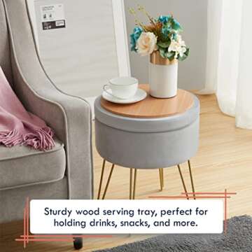 Ornavo Modern Round Velvet Storage Ottoman with Tray Top
