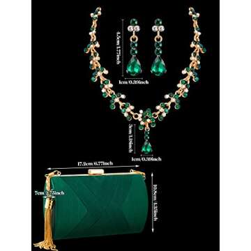 Henoyso Clutch Purse for Women Rhinestone Jewelry Set Prom Party Tassel Evening Clutch Bag Bridal Wedding Necklace Earrings Jewelry (Emerald Green)